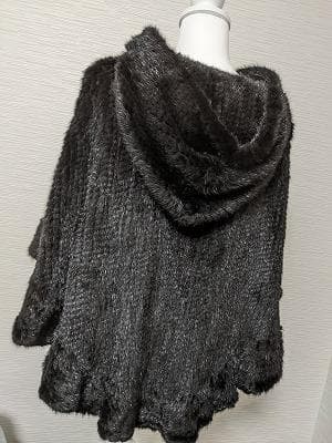 070　ミンク　毛皮　フード付き　ポンチョコート　マント　ジップ　リアルファー