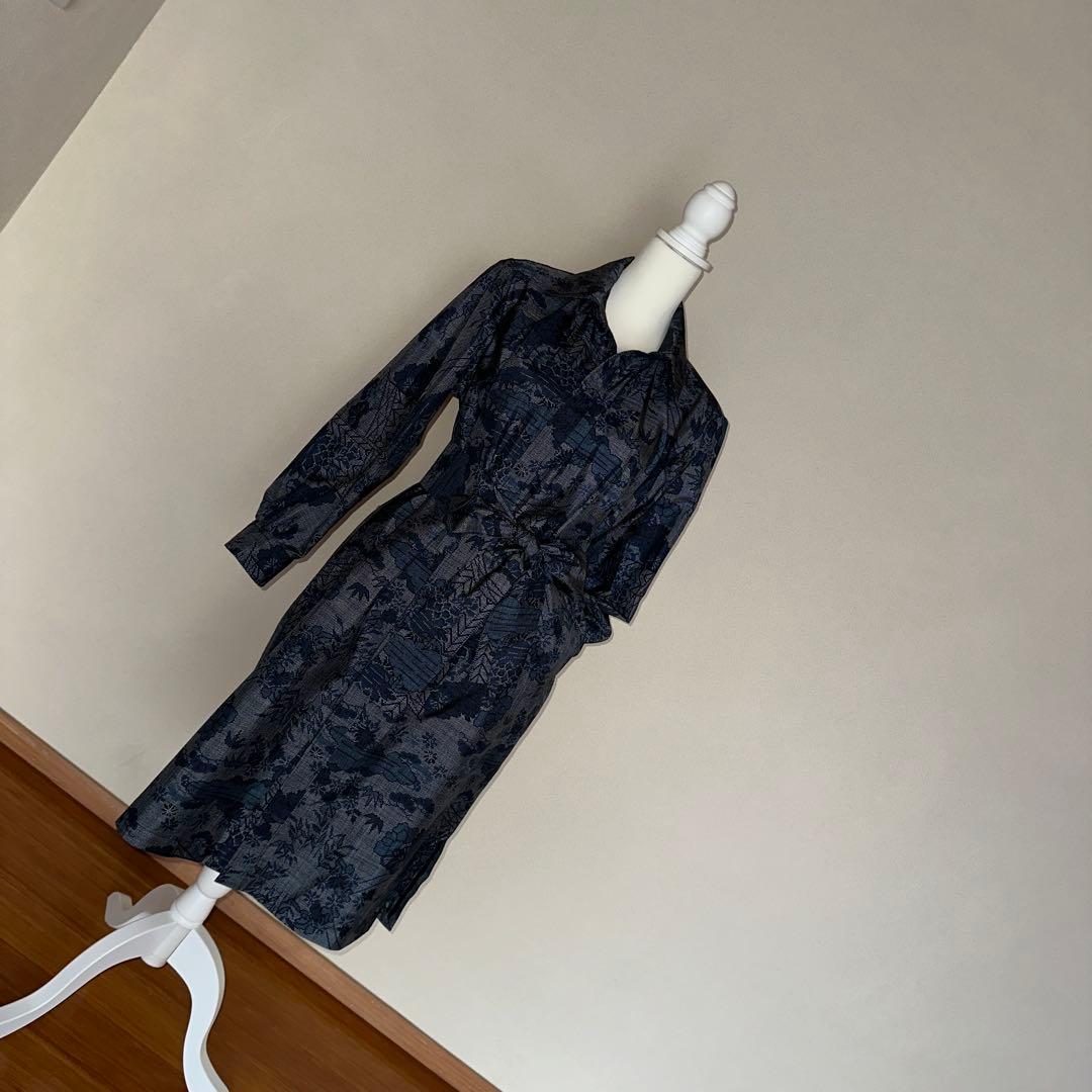 大島紬ネイビー系柄物ビックシャツワンピース　シルク100% XLサイズ未使用着物