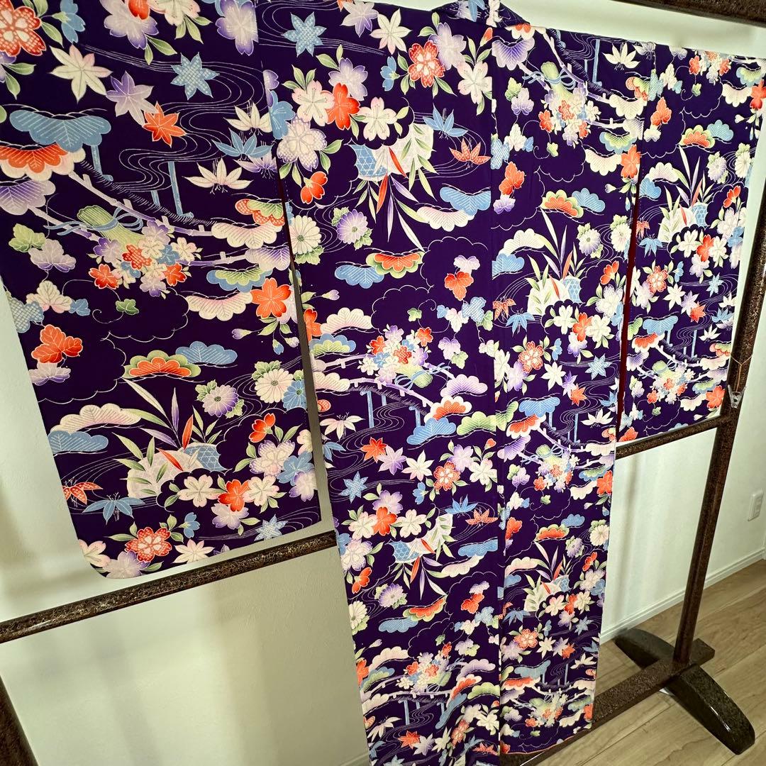 超美品　袷　絹　着物　アンティーク　小紋　145 紫　薄紫　ちりめん　レトロ