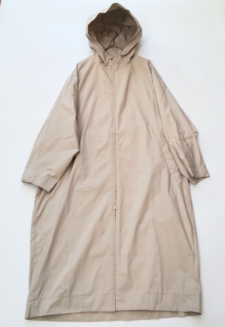 美品 エブール シルクポリナイロン フーデッド ロングコート ジップアップ 38