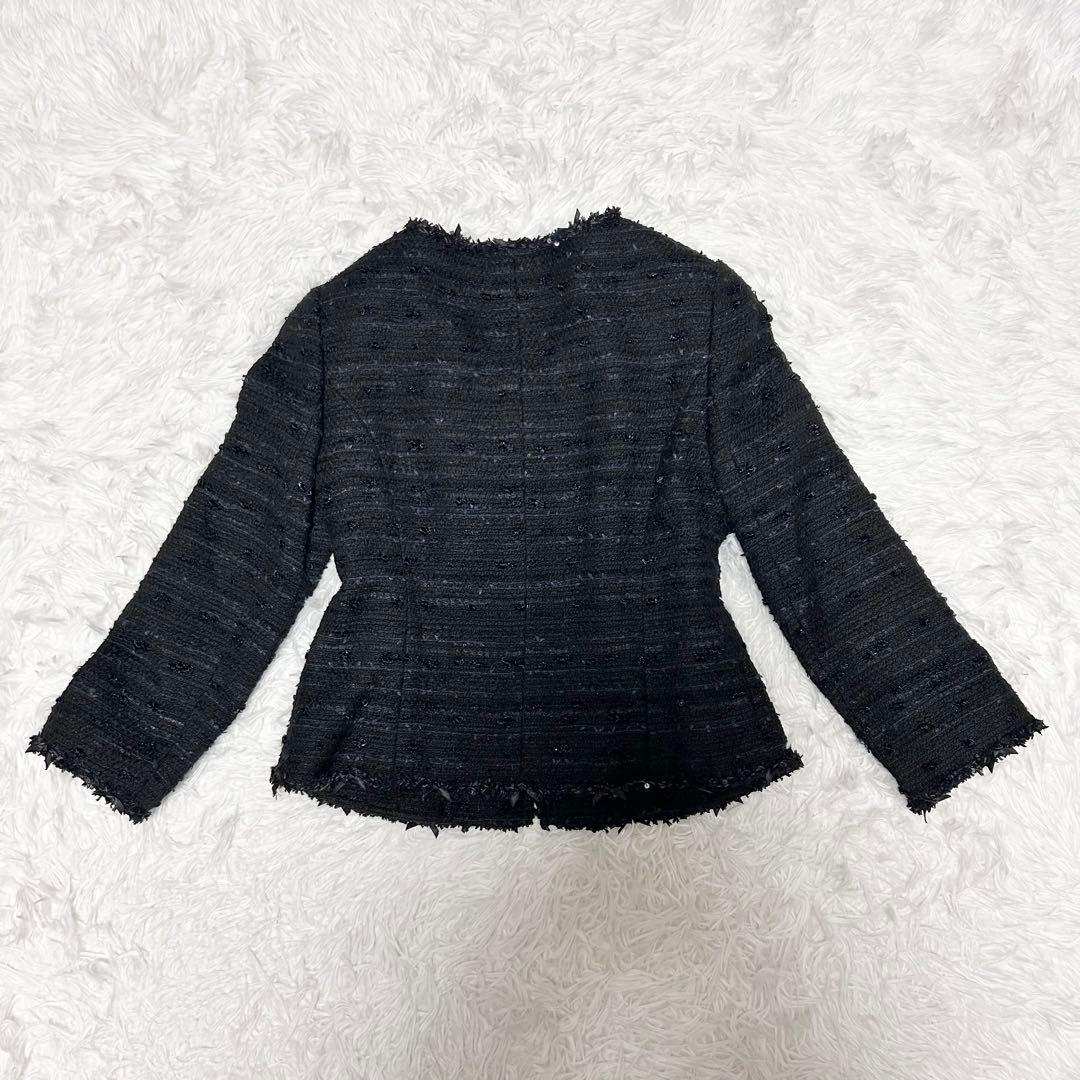 René ルネ TISSUE社 ツイード ノーカラー ジャケット 36 ネイビー