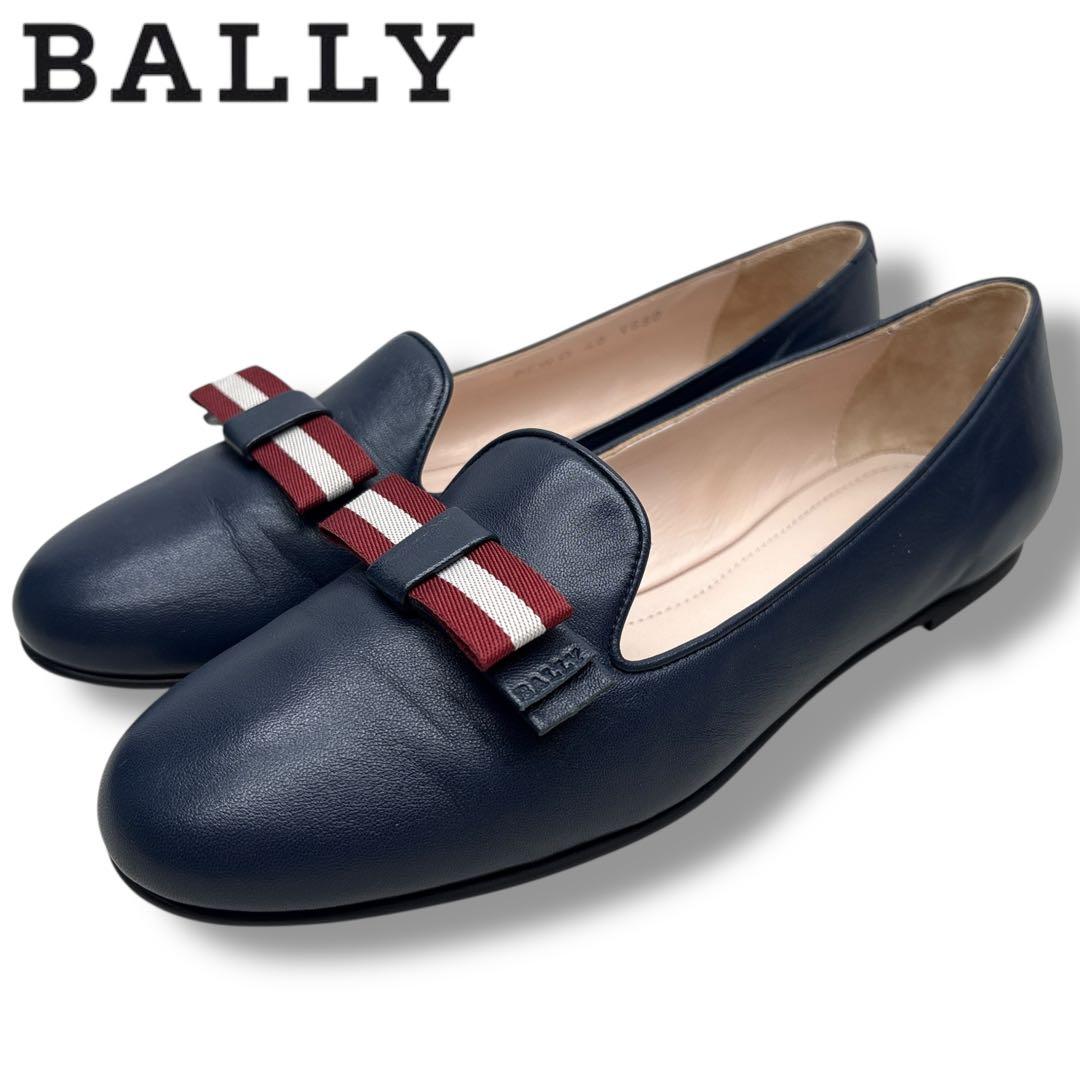 未使用級■BALLY バリー【25.0】フラット パンプス ネイビー レザー