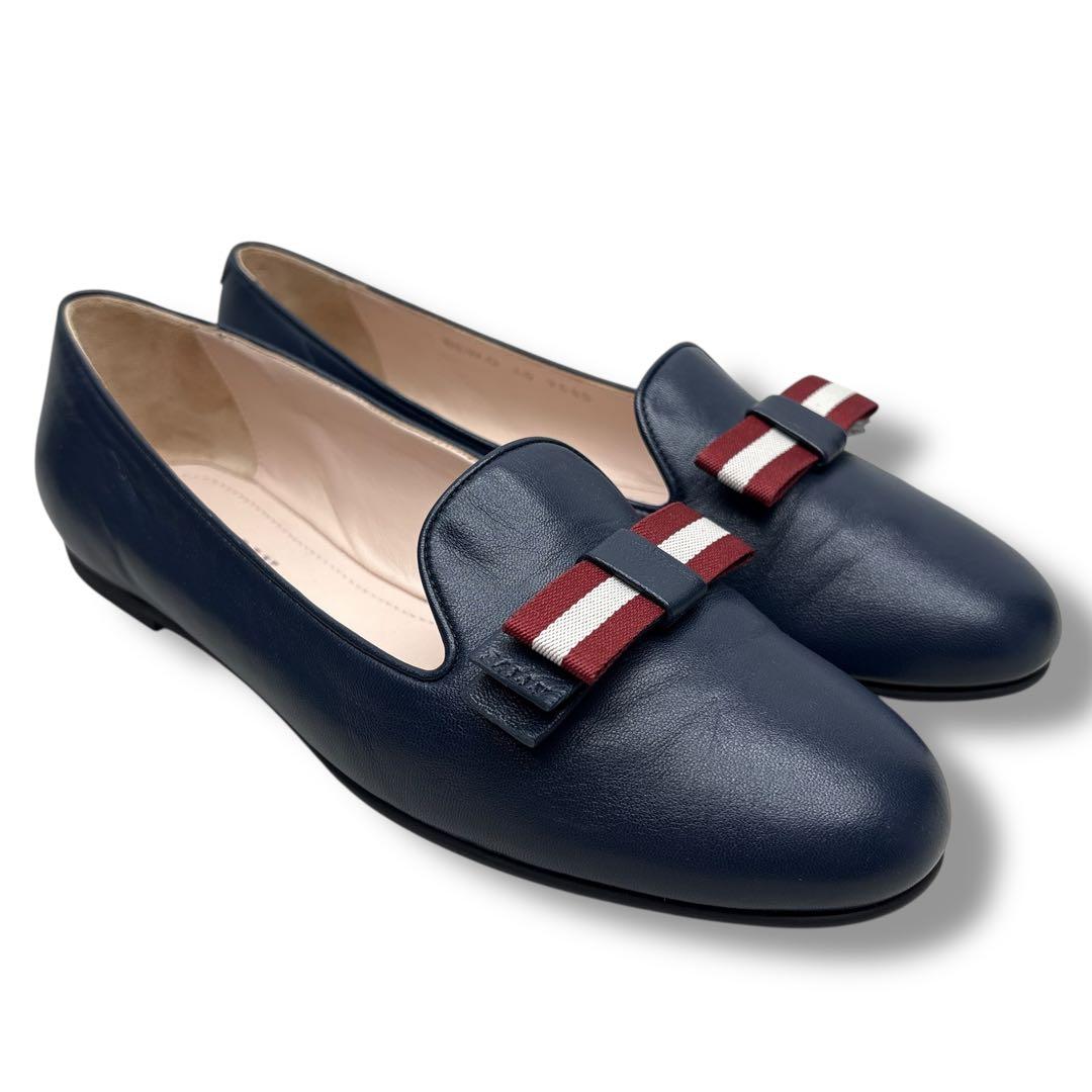 未使用級■BALLY バリー【25.0】フラット パンプス ネイビー レザー