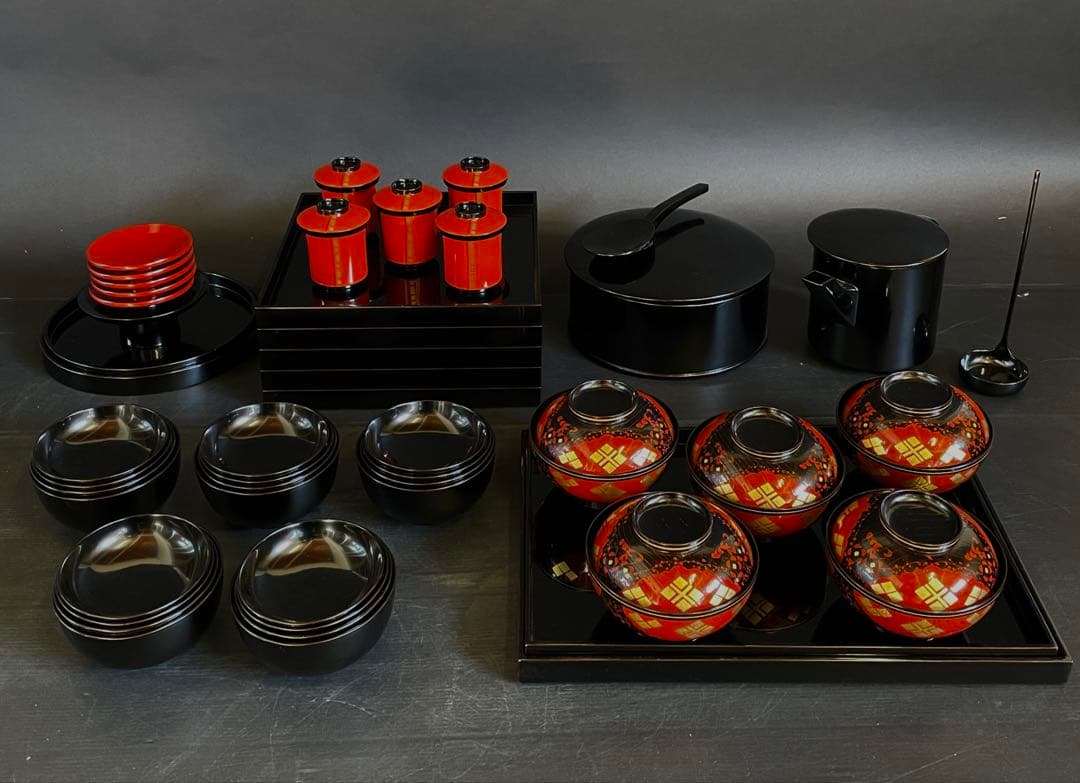 「母」 利休好 輪島塗 懐石具揃 懐石家具 懐石道具 五人前 木製（109あ③）