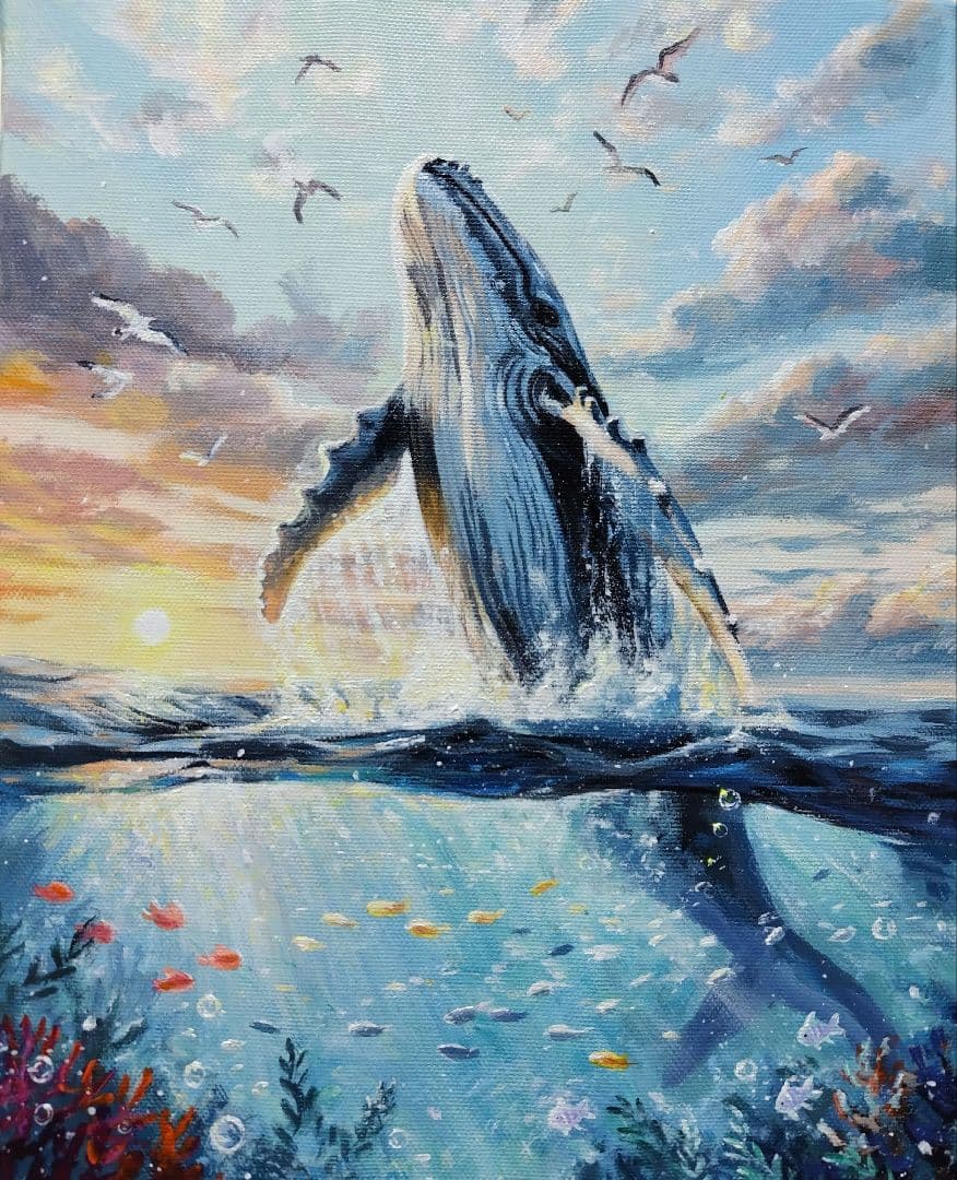 琥*ん様 【クジラの世界】アクリル画 F3 風景画 絵画