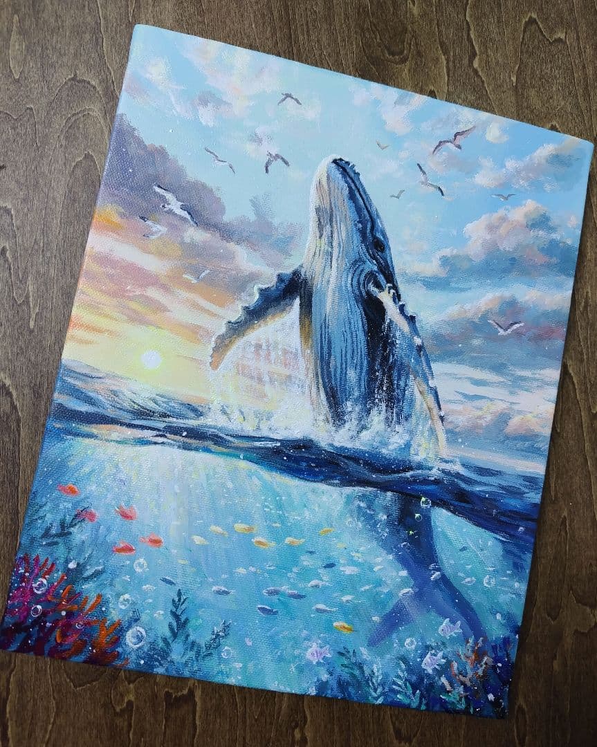 琥*ん様 【クジラの世界】アクリル画 F3 風景画 絵画