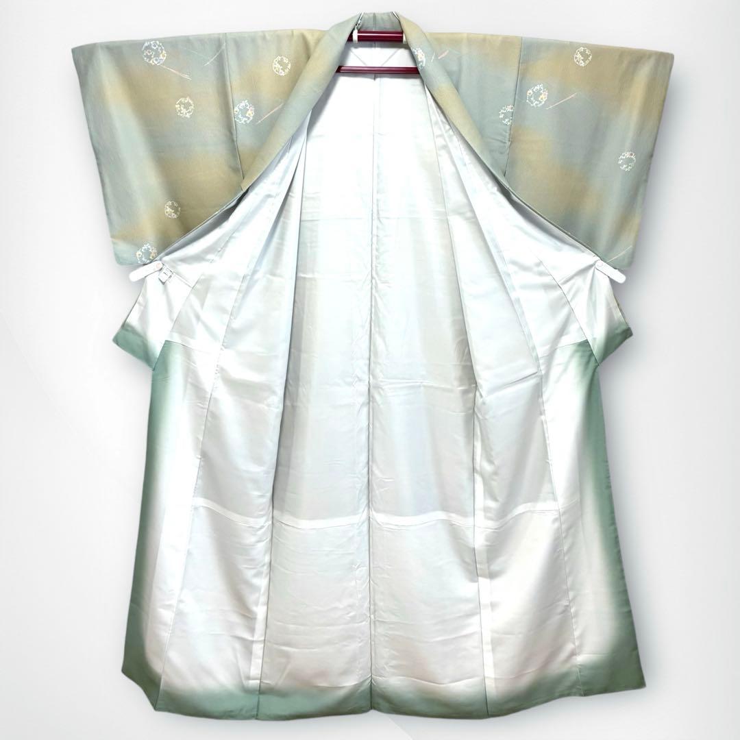【良品✨】東レシルック　さんび　洗える着物　小紋　ぼかし染め　青磁鼠×砂色　H3