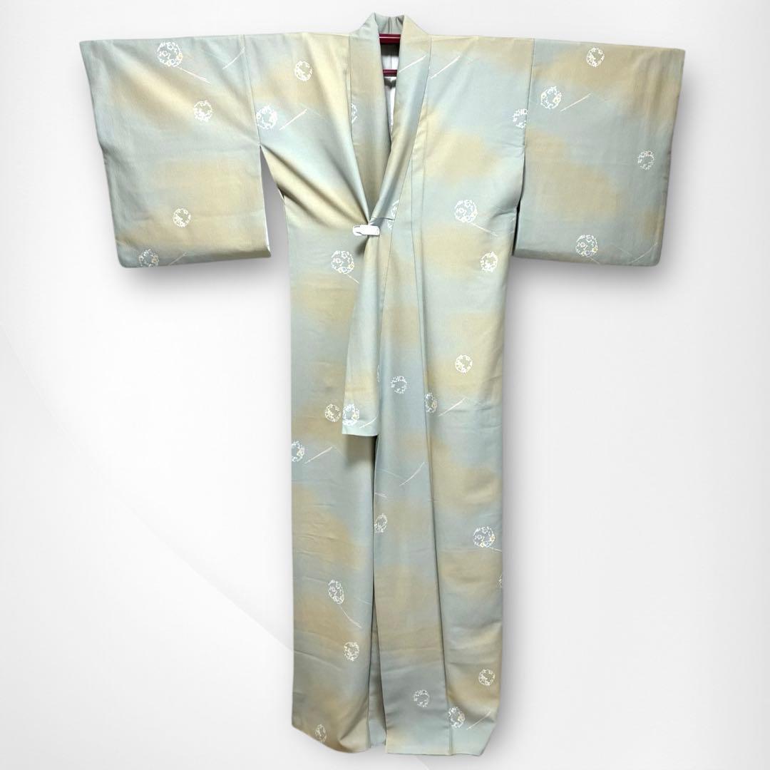 【良品✨】東レシルック　さんび　洗える着物　小紋　ぼかし染め　青磁鼠×砂色　H3