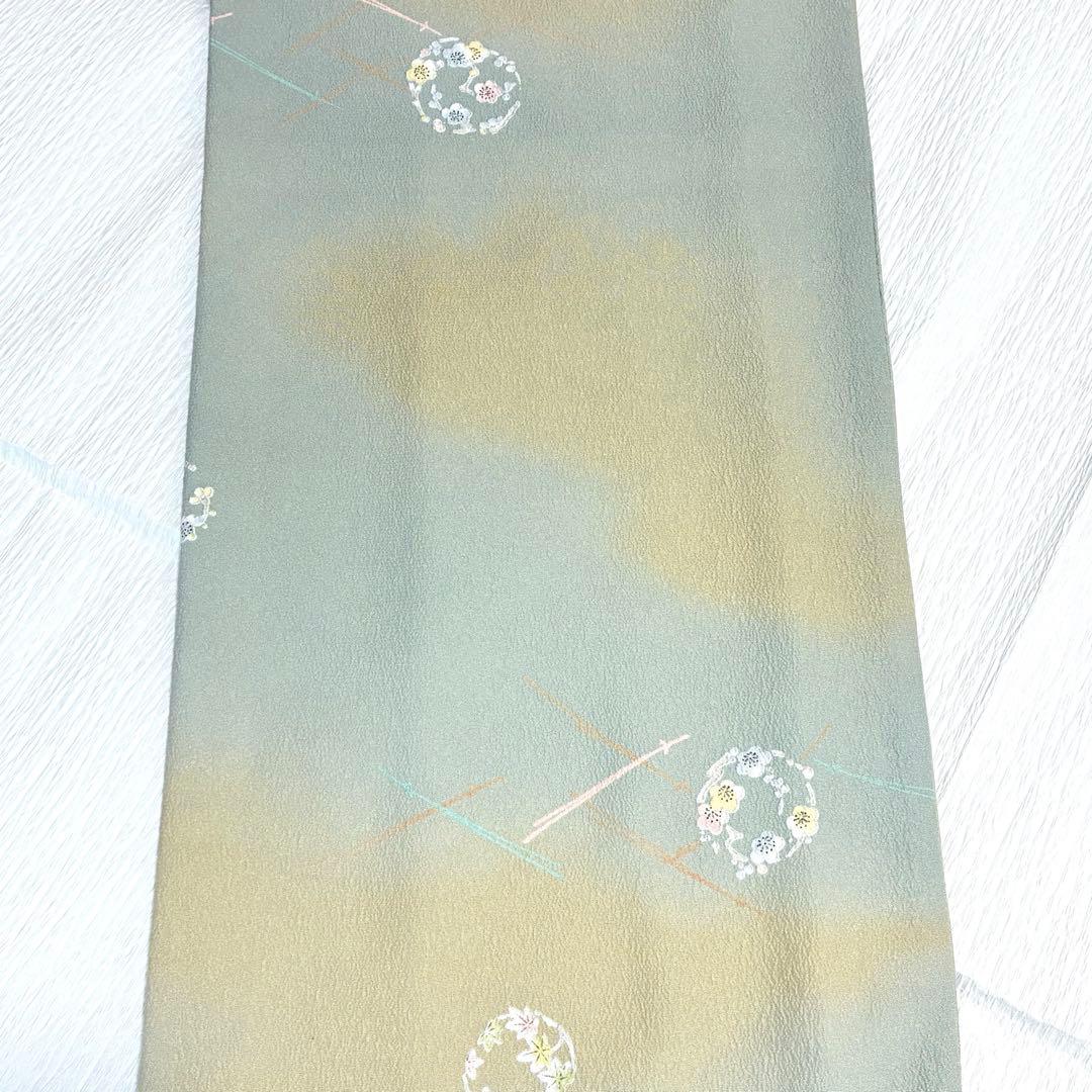 【良品✨】東レシルック　さんび　洗える着物　小紋　ぼかし染め　青磁鼠×砂色　H3