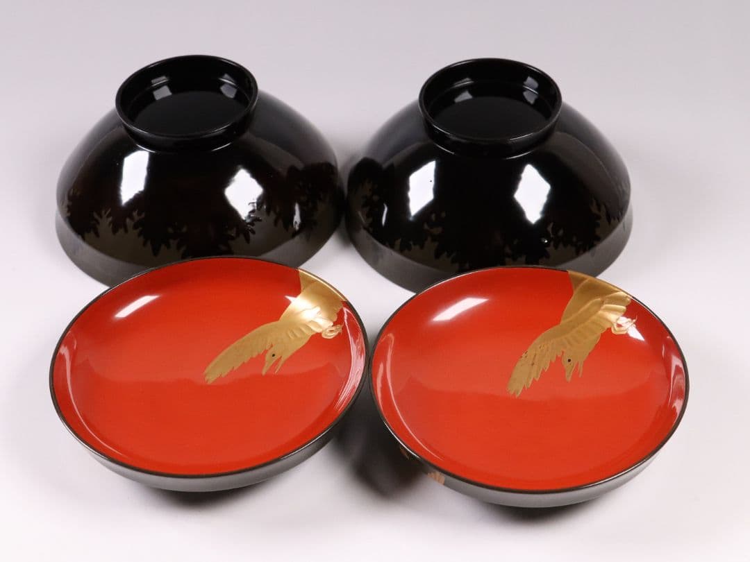 CL14 時代木製漆器 森に鳥 金蒔絵 吸物椀 二客 黒塗 朱塗 闇絵