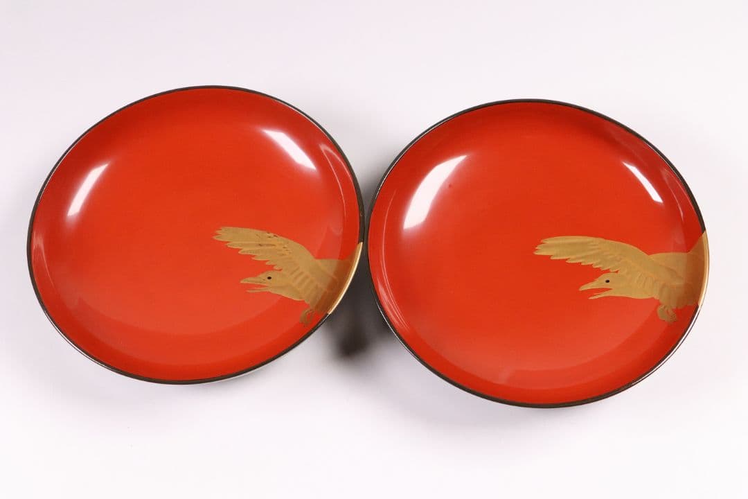 CL14 時代木製漆器 森に鳥 金蒔絵 吸物椀 二客 黒塗 朱塗 闇絵