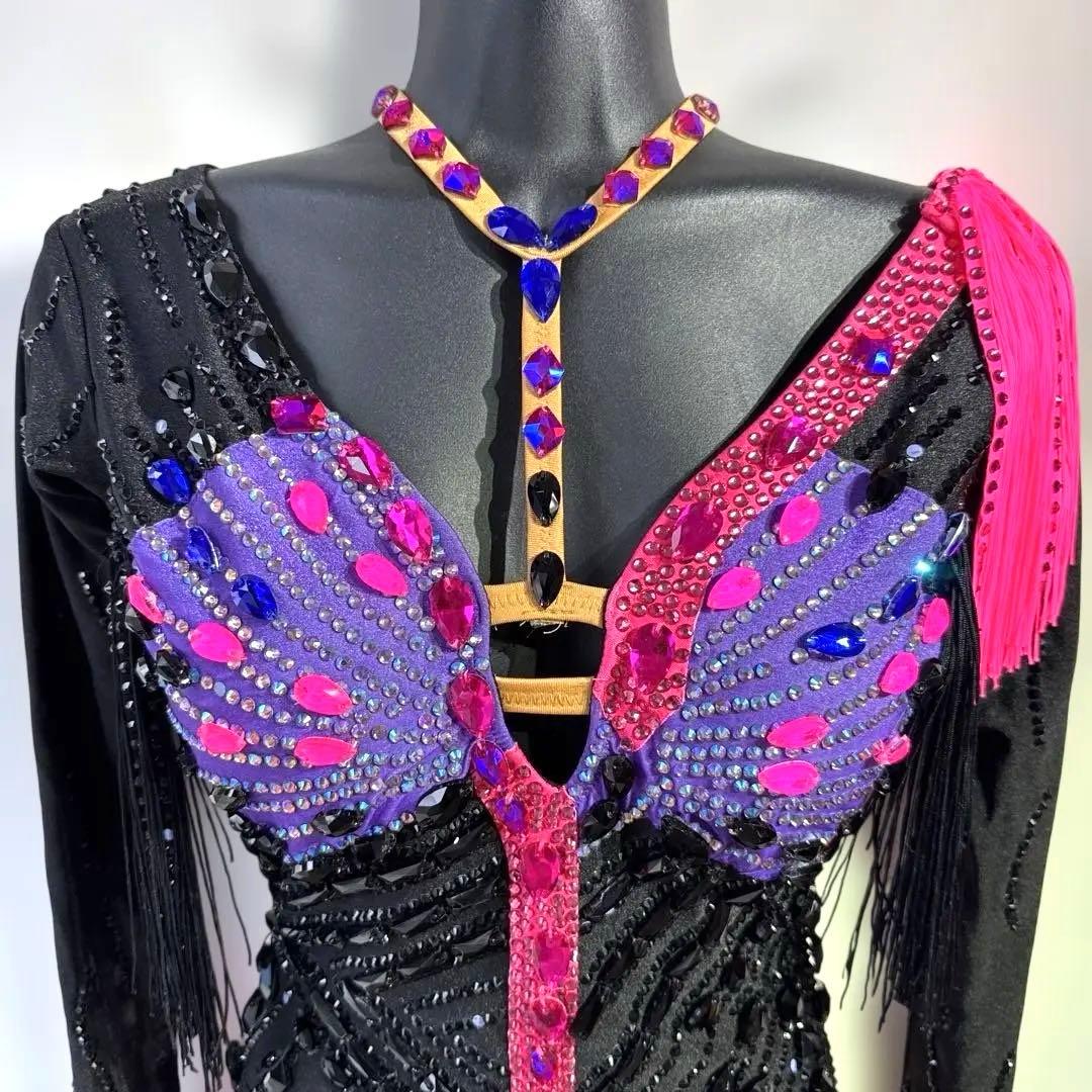 6317★ S 黒 ラインストーン フリンジ ラテンドレス 社交ダンス