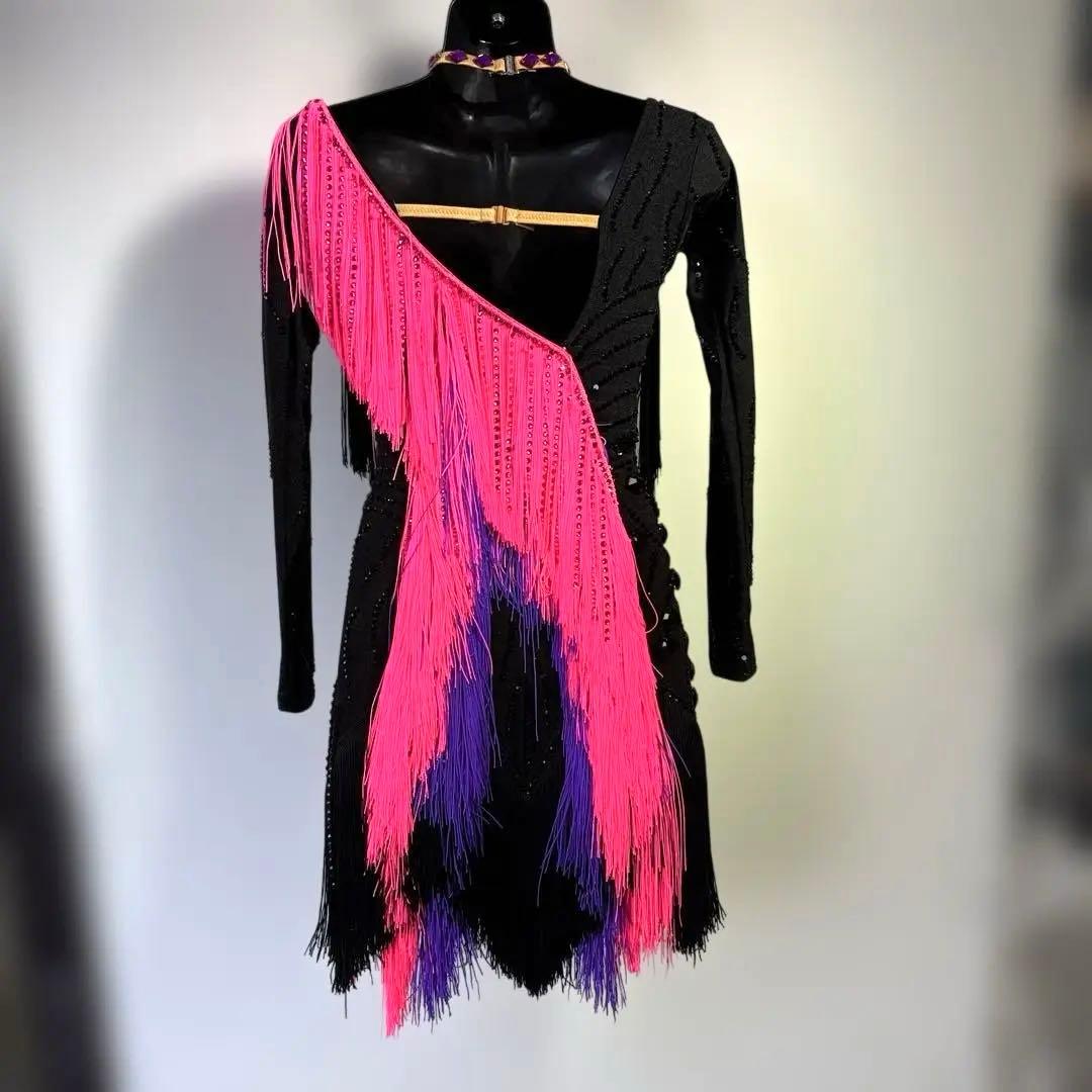 6317★ S 黒 ラインストーン フリンジ ラテンドレス 社交ダンス