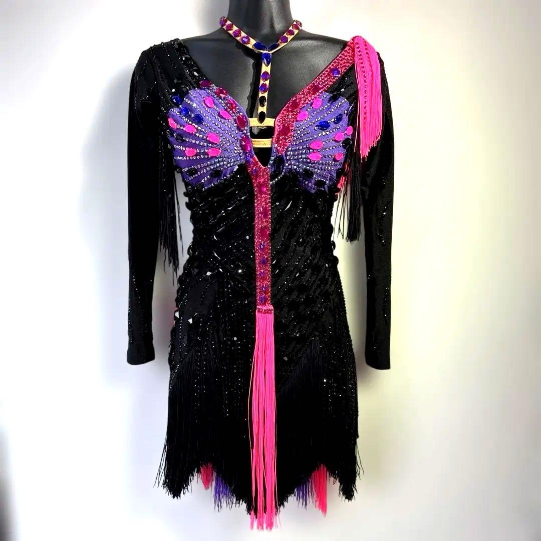 6317★ S 黒 ラインストーン フリンジ ラテンドレス 社交ダンス