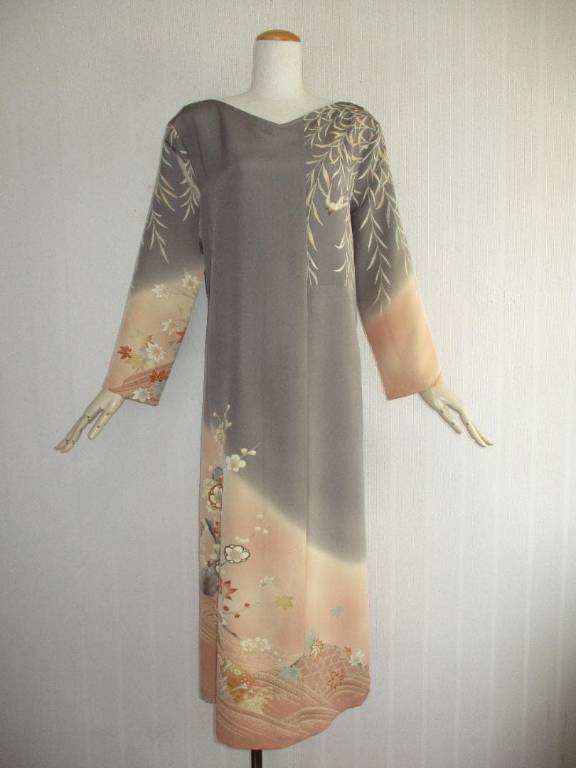 L～2Ｌサイズ　訪問着からの着物リメイクドレスです　着丈１２１cm