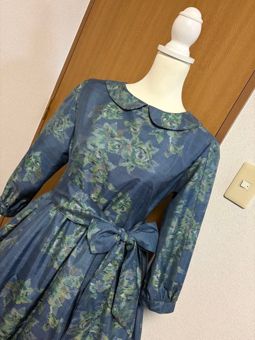 着物リメイク♪ 大島紬　ふんわりワンピース　MーL 薔薇柄　総裏地付き♪