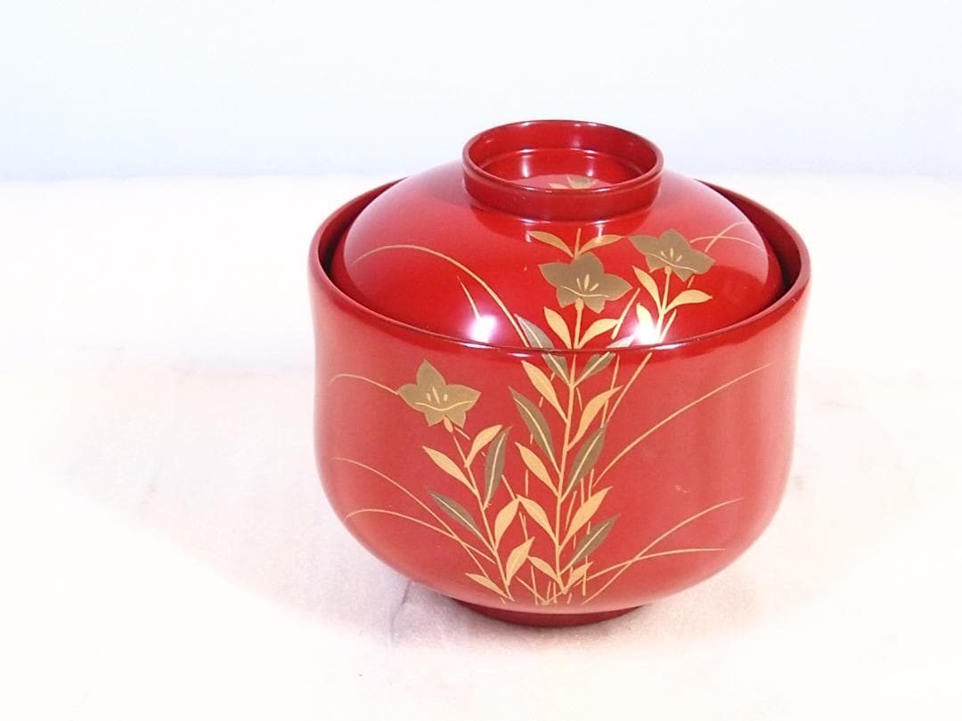 【美品】輪島塗 西久保田漆器店 桔梗蒔絵 小吸物椀 5客 瓢型/朱塗 漆器/食器