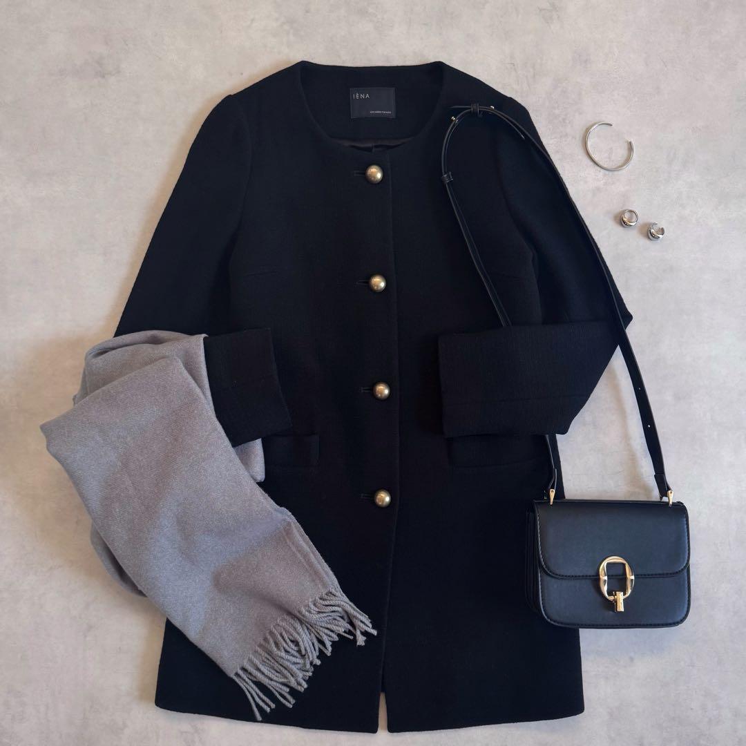 美品▲定価3.6万 IENA ノーカラーコートゴールドボタン ブラック 日本製