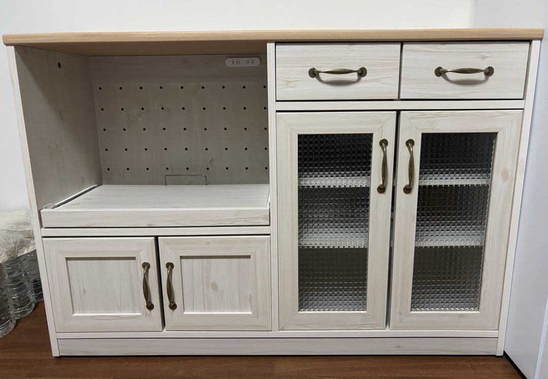 キッチンカウンター／かわいい食器棚　120cm／ベージュホワイト×ライトウッド調