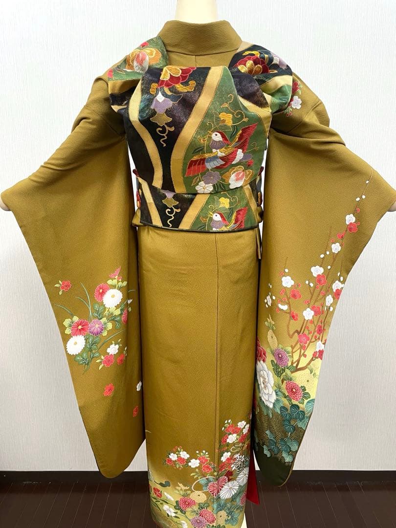 梅乃【160】正絹　振袖　フルセット　前撮り　成人式　撮影　古典　金茶　からし色