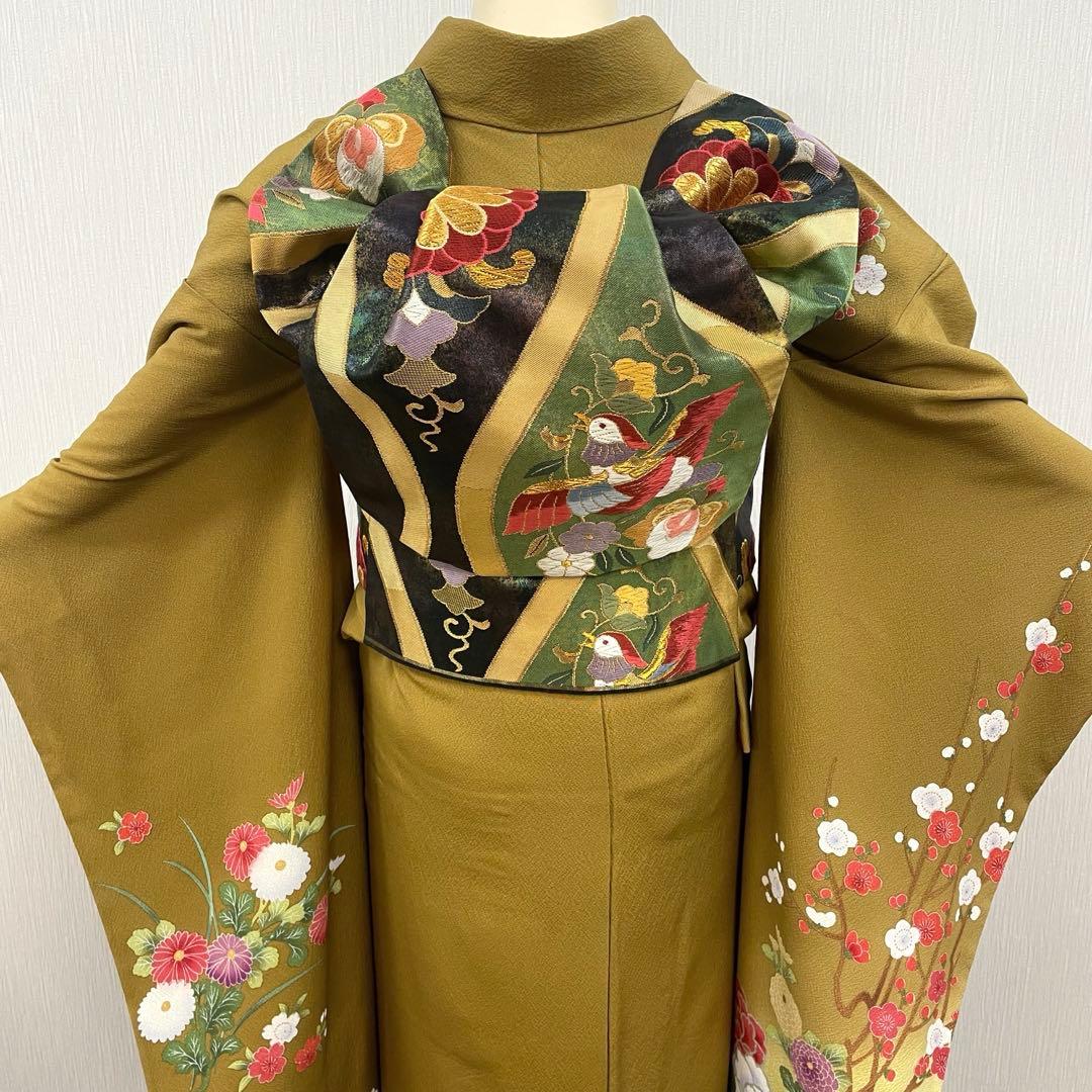 梅乃【160】正絹　振袖　フルセット　前撮り　成人式　撮影　古典　金茶　からし色
