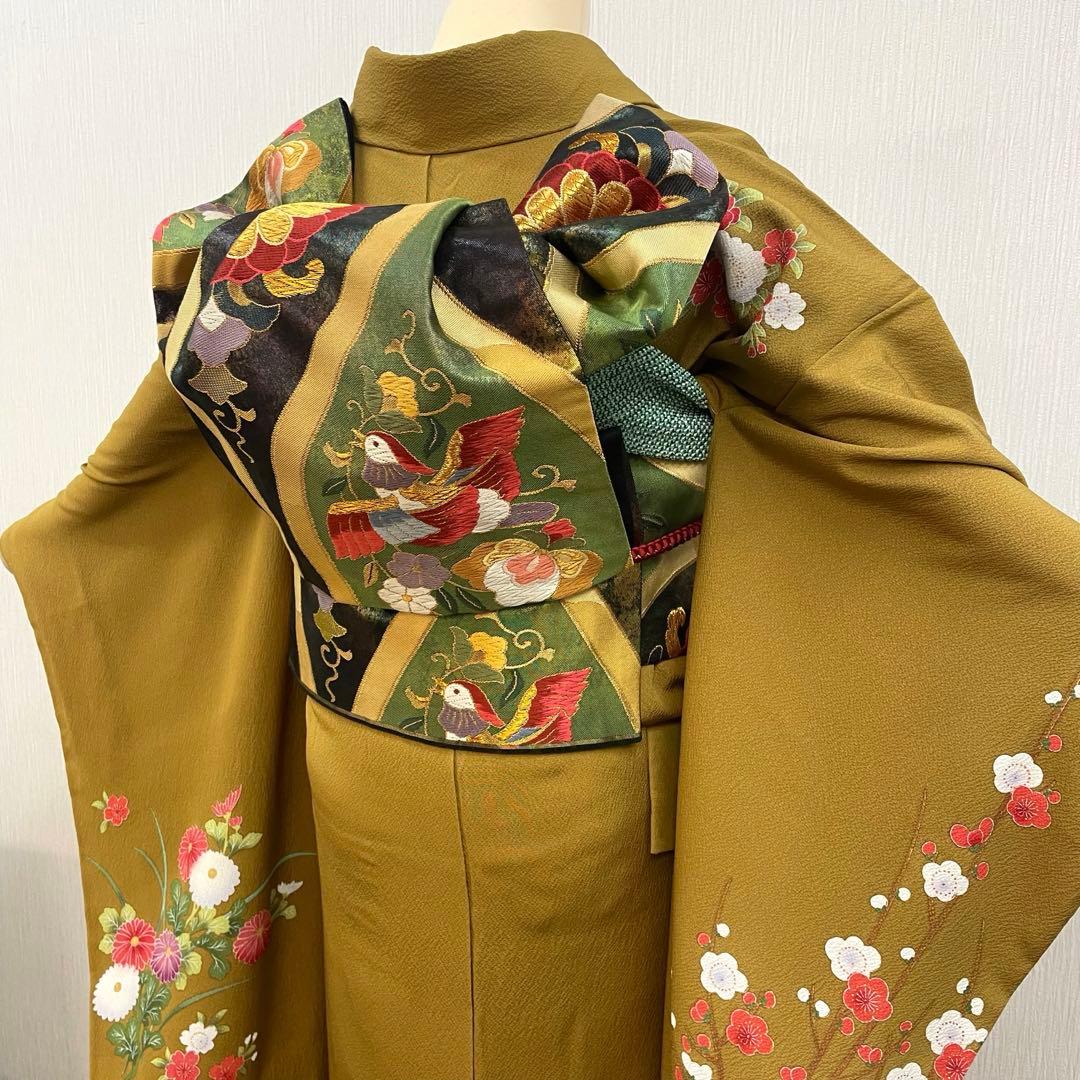 梅乃【160】正絹　振袖　フルセット　前撮り　成人式　撮影　古典　金茶　からし色