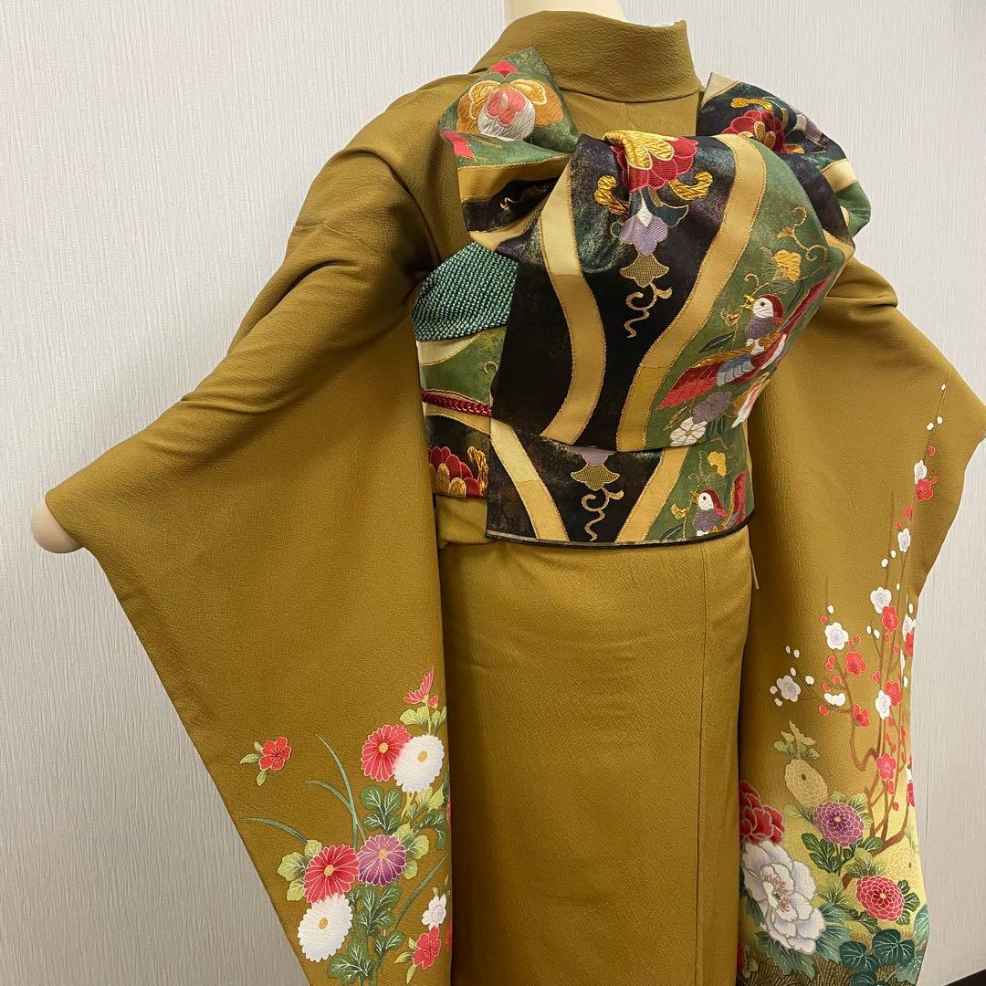 梅乃【160】正絹　振袖　フルセット　前撮り　成人式　撮影　古典　金茶　からし色