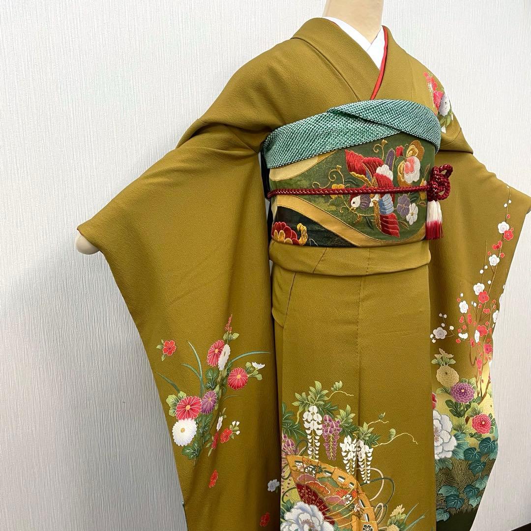 梅乃【160】正絹　振袖　フルセット　前撮り　成人式　撮影　古典　金茶　からし色