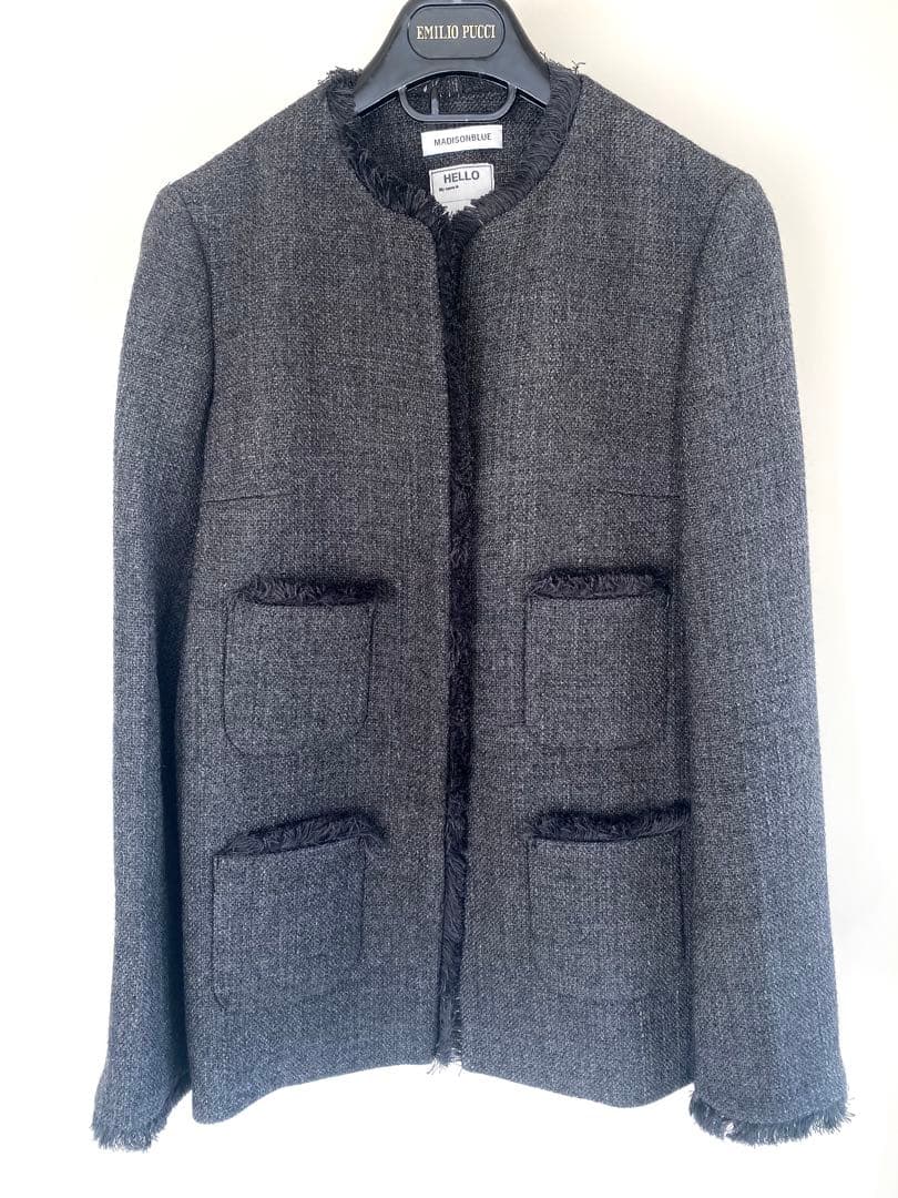 マディソンブルー　ノーカラーフリンジ付ツイードジャケット　グレー　02