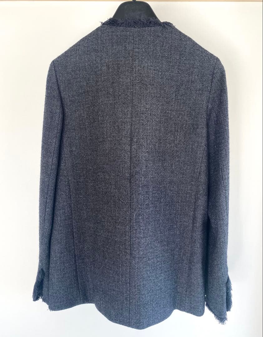 マディソンブルー　ノーカラーフリンジ付ツイードジャケット　グレー　02