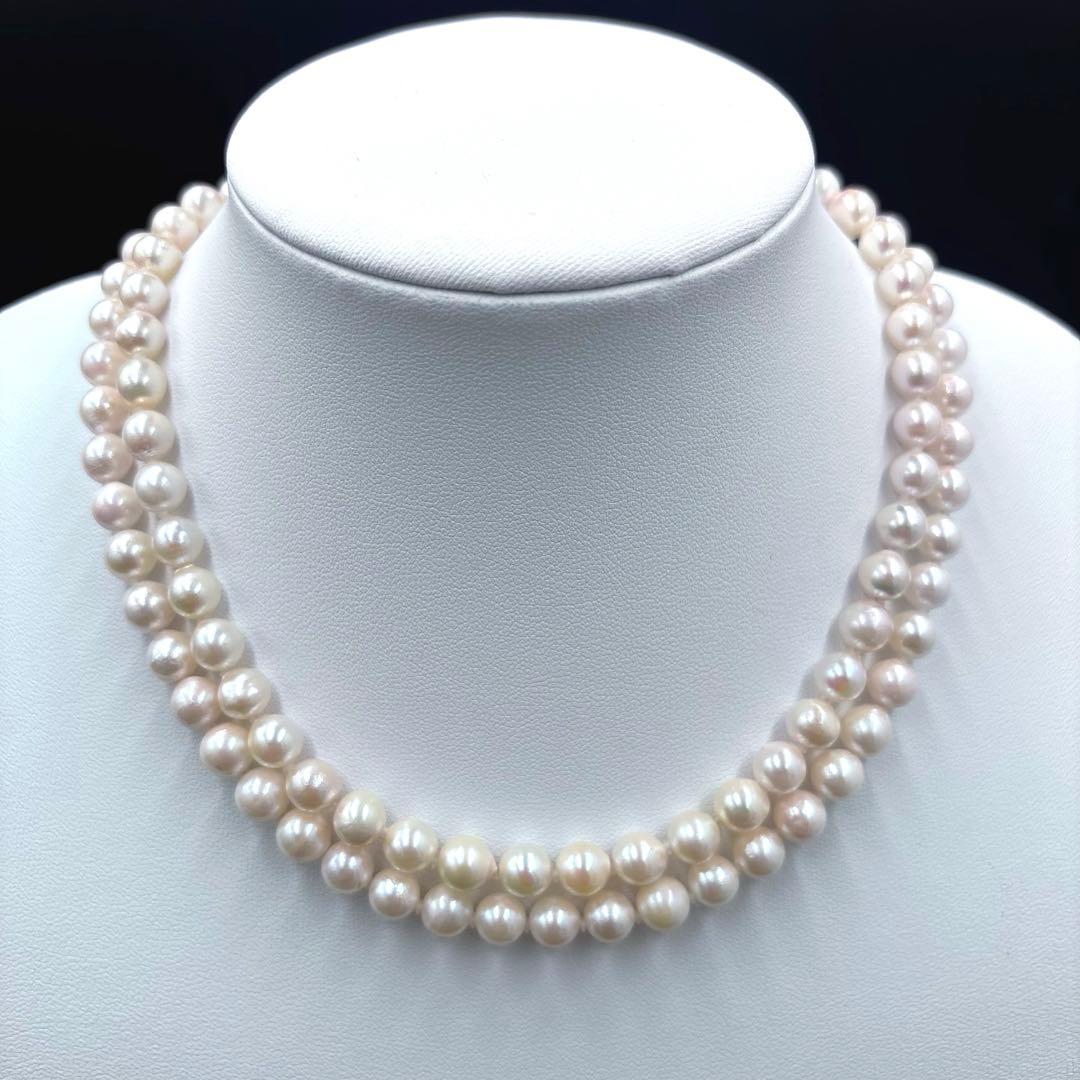 干渉色◎7mmあこや本真珠 2連80cmロングパールネックレス オールノット仕上
