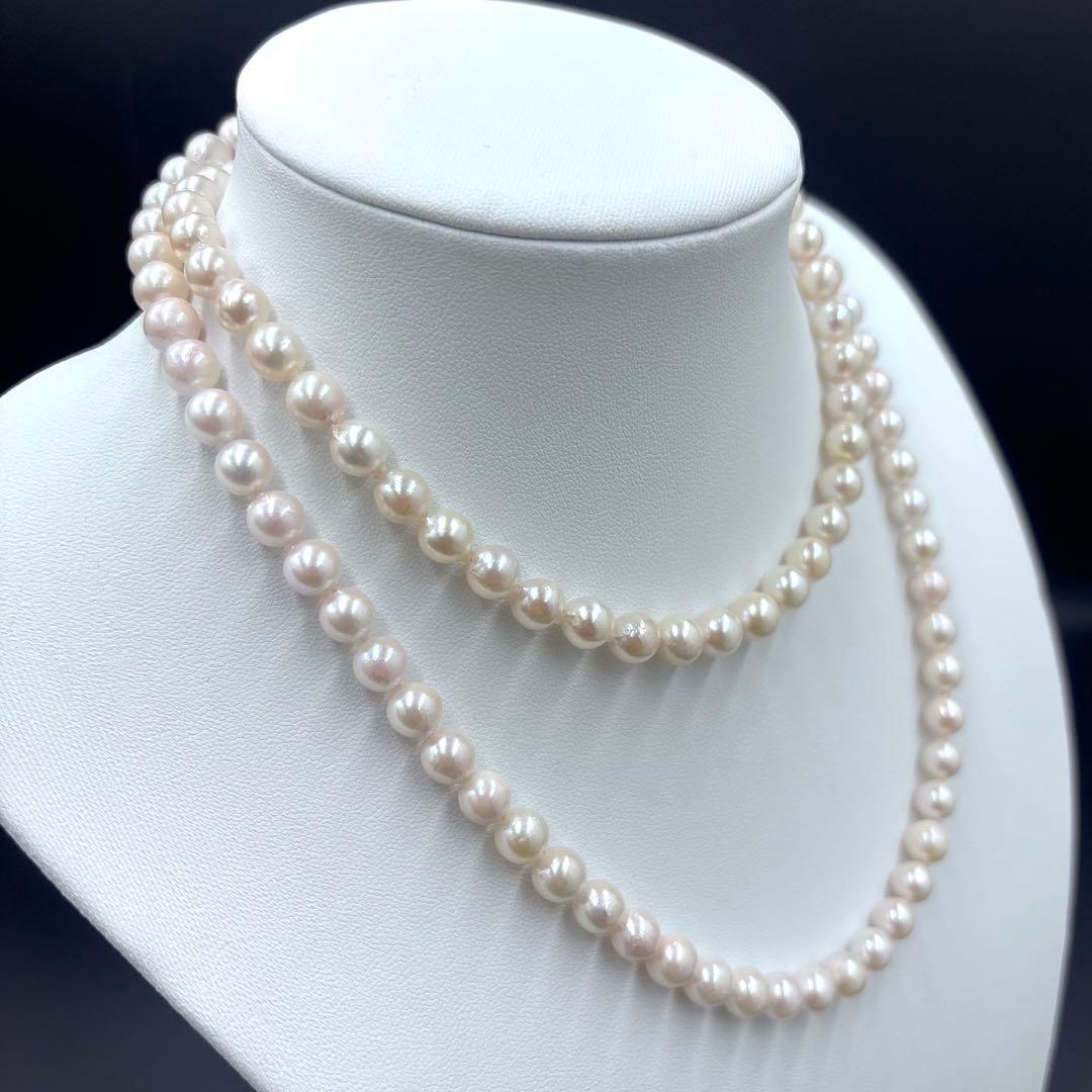 干渉色◎7mmあこや本真珠 2連80cmロングパールネックレス オールノット仕上