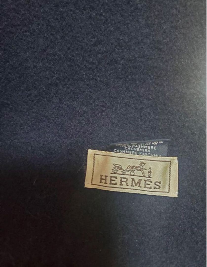 HERMES カシミヤ　リバーシブルマフラー ネイビー/ブラック