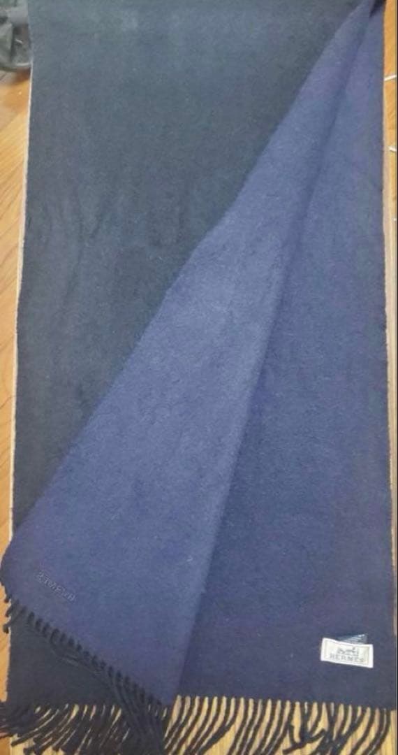 HERMES カシミヤ　リバーシブルマフラー ネイビー/ブラック
