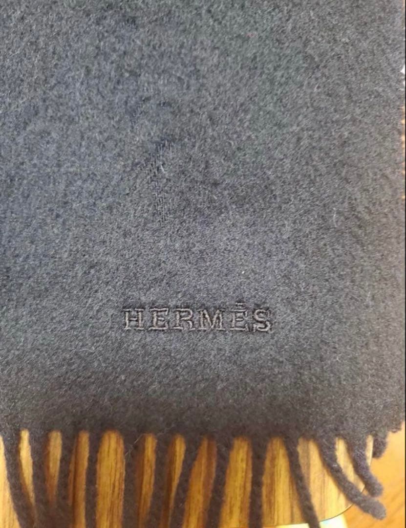 HERMES カシミヤ　リバーシブルマフラー ネイビー/ブラック