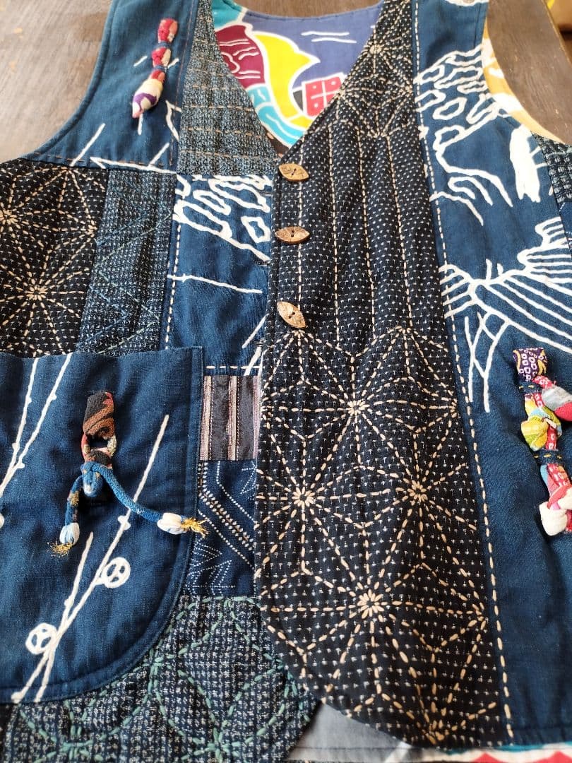 古布　久留米絣　刺し子　藍染　絵絣　ベスト