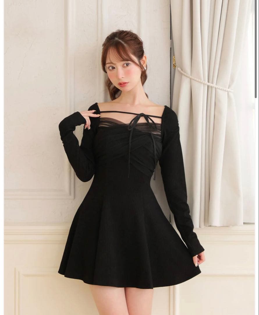 ワンピース m me eme Cross tulle flare mini onepiece
