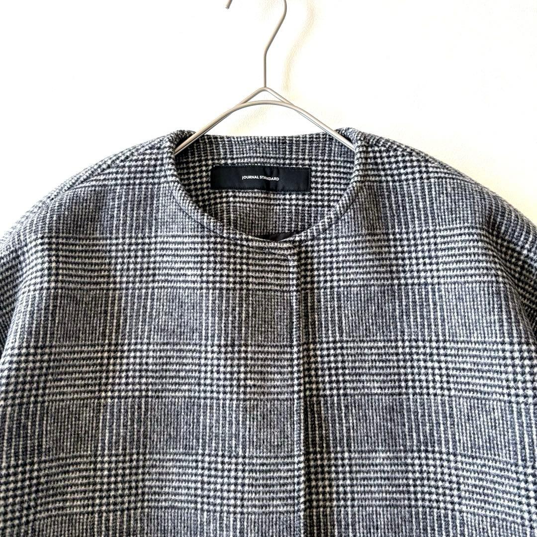 ■美品JOURNAL STANDARDビーバーノーカラーショートコートチェック