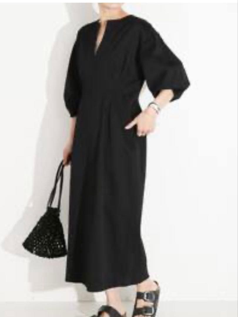 ヴェルメイユパーイエナ　IENA ウエストシェイプパフスリーブワンピース 38黒