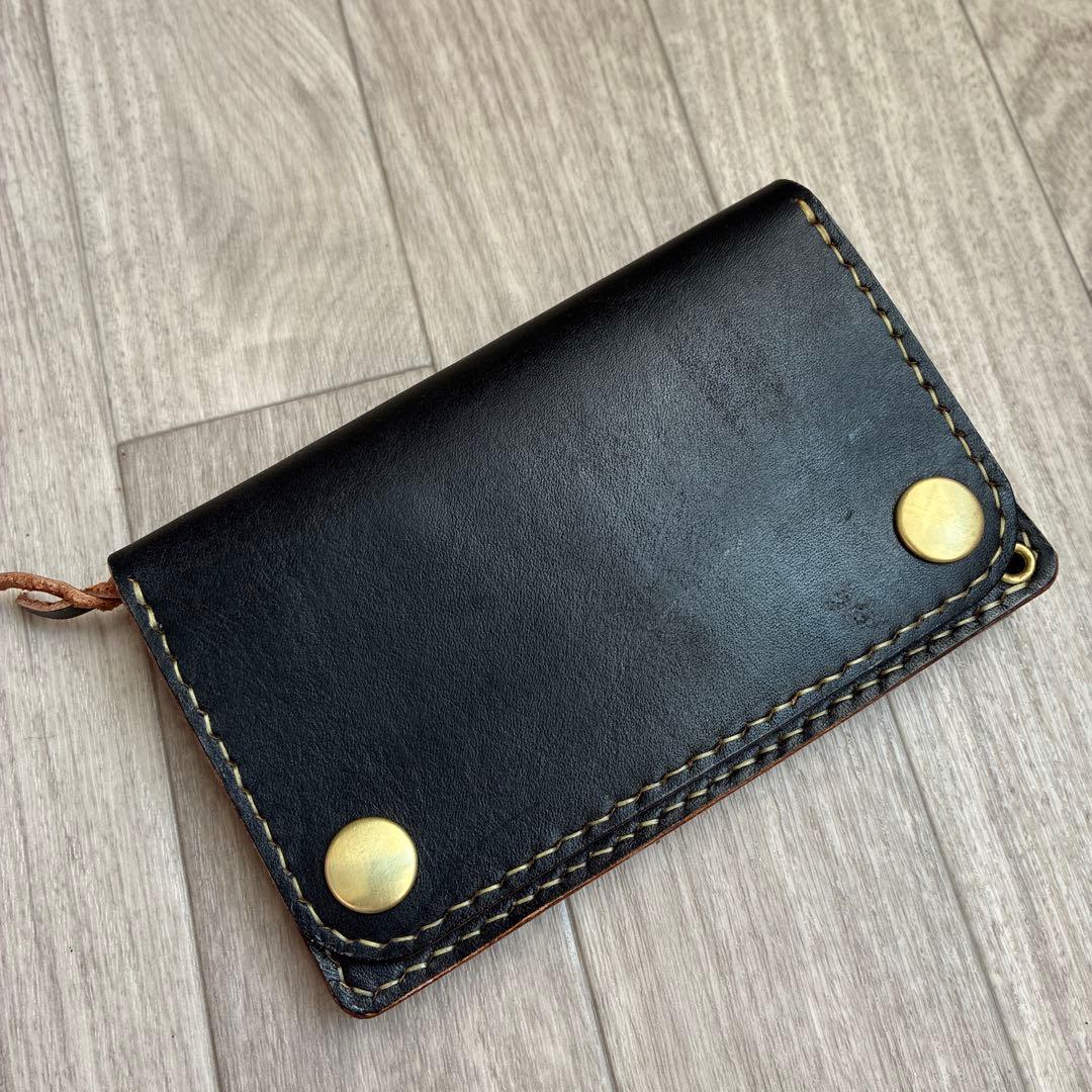 【茶芯ブラック】トラッカーウォレット　ミドル　真鍮　お札を折らずに収納　タイプA