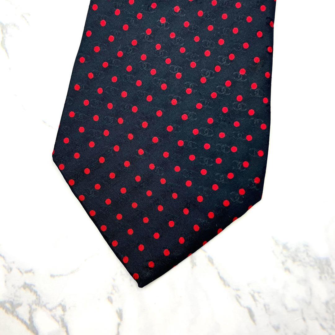 ◆美品◆CHANEL ネクタイ 黒色 ドット柄 ロゴ入り オシャレ 希少