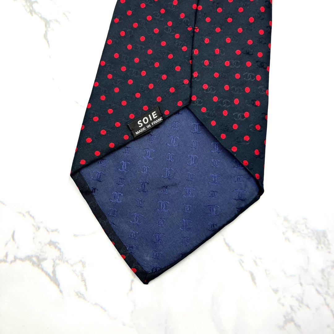 ◆美品◆CHANEL ネクタイ 黒色 ドット柄 ロゴ入り オシャレ 希少