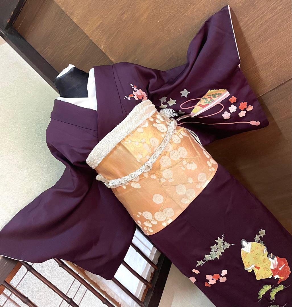 訪問着フルセット5点サイズM〜Ｌ手描き友禅正絹　六通柄袋帯唐織枝梅文金銀糸引箔