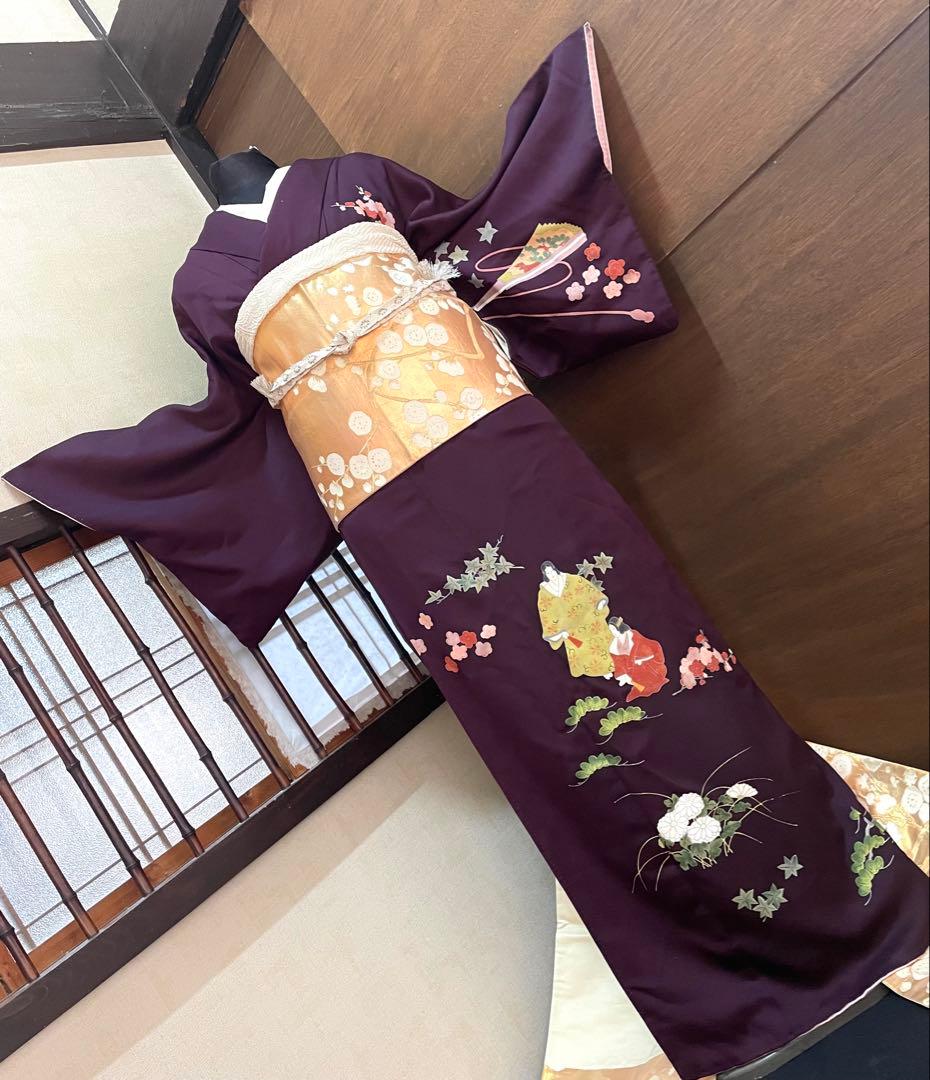 訪問着フルセット5点サイズM〜Ｌ手描き友禅正絹　六通柄袋帯唐織枝梅文金銀糸引箔