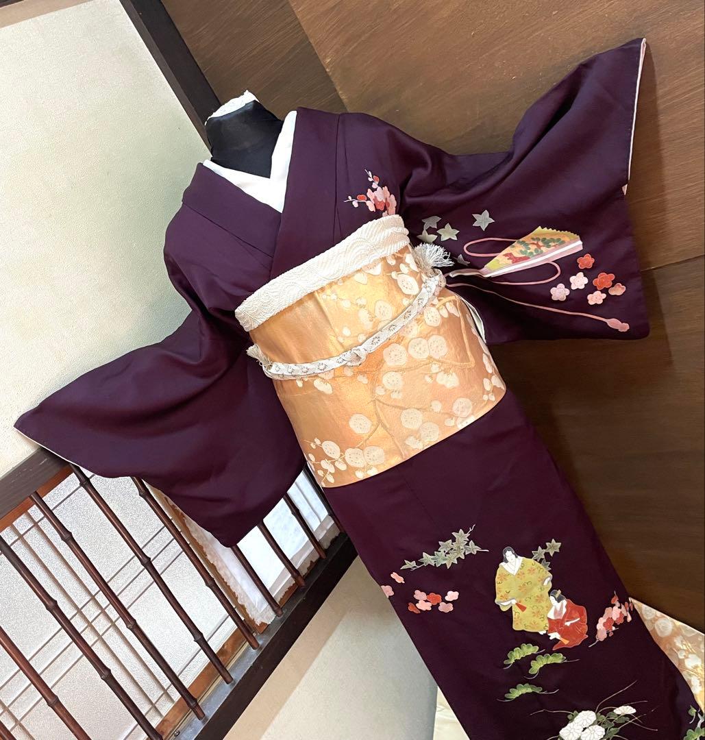 訪問着フルセット5点サイズM〜Ｌ手描き友禅正絹　六通柄袋帯唐織枝梅文金銀糸引箔