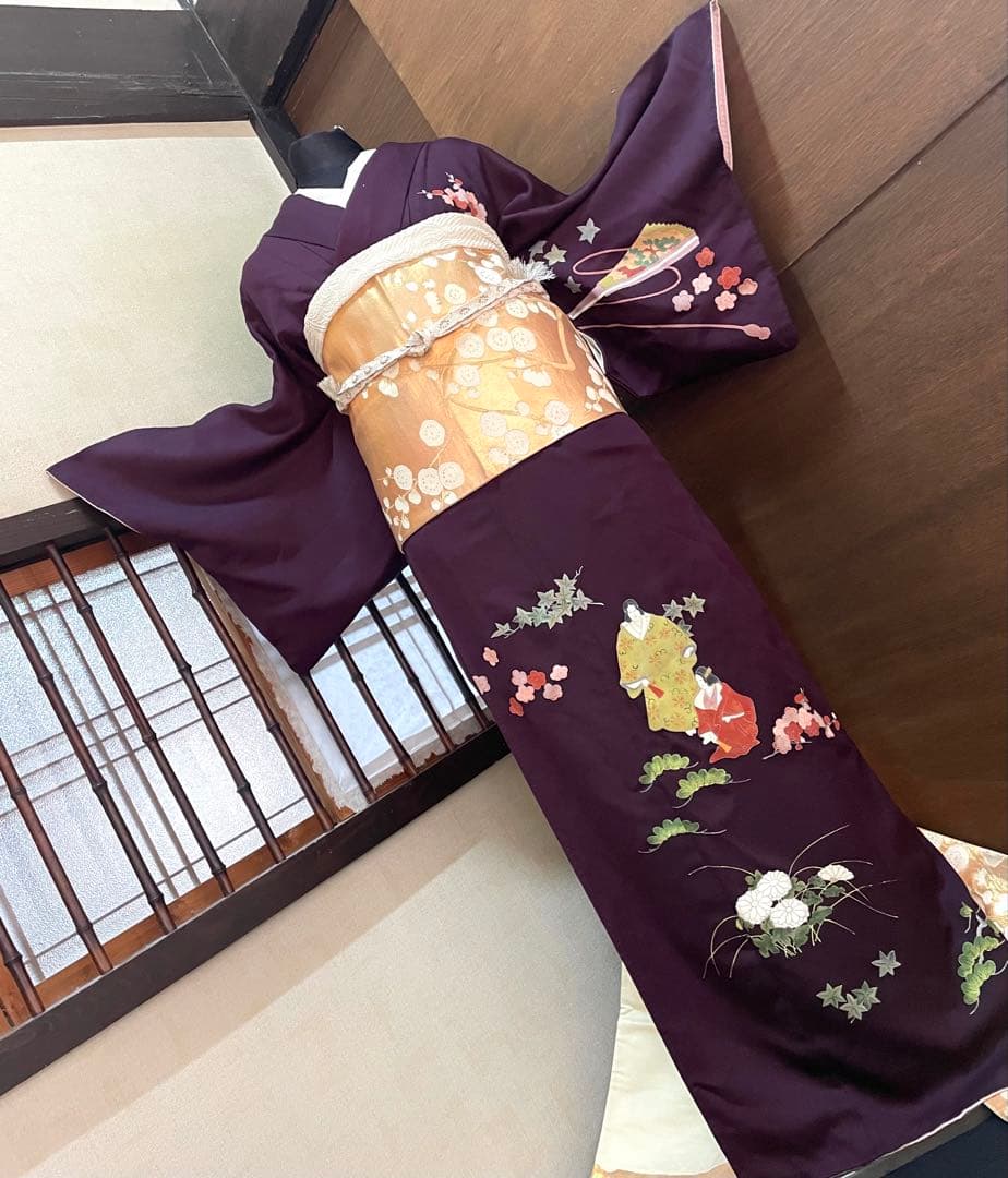 訪問着フルセット5点サイズM〜Ｌ手描き友禅正絹　六通柄袋帯唐織枝梅文金銀糸引箔