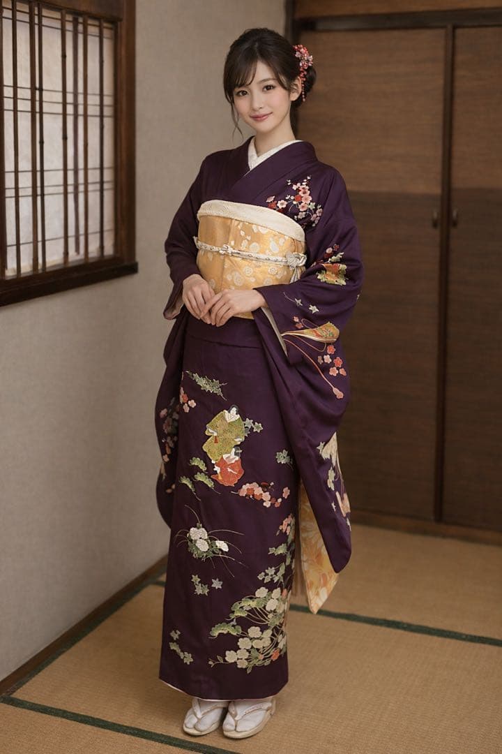 訪問着フルセット5点サイズM〜Ｌ手描き友禅正絹　六通柄袋帯唐織枝梅文金銀糸引箔