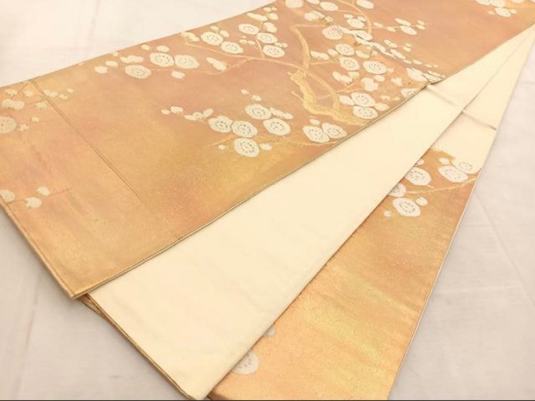 訪問着フルセット5点サイズM〜Ｌ手描き友禅正絹　六通柄袋帯唐織枝梅文金銀糸引箔