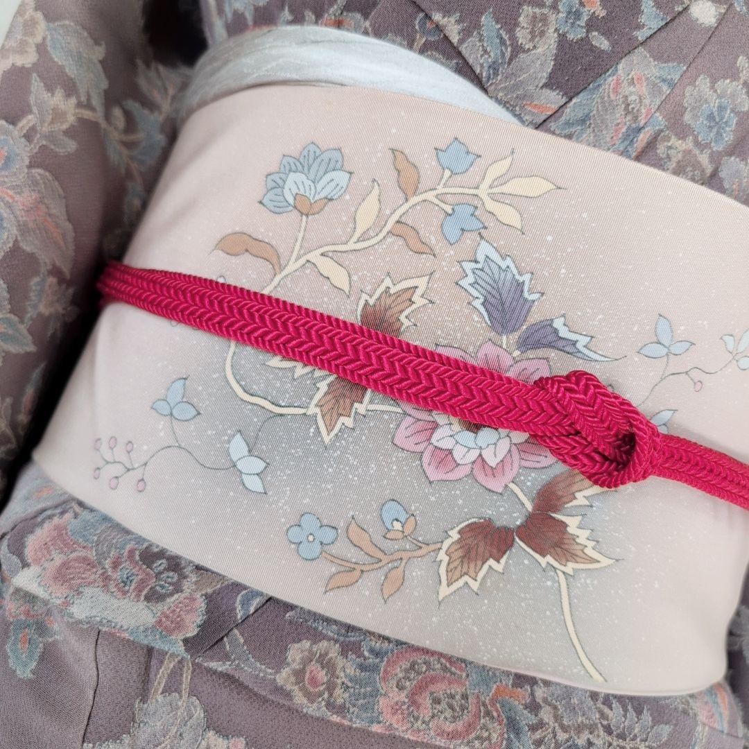 小紋　フルセット　着物　正絹　更紗　暗紫　花　縮緬　おしゃれ　D2