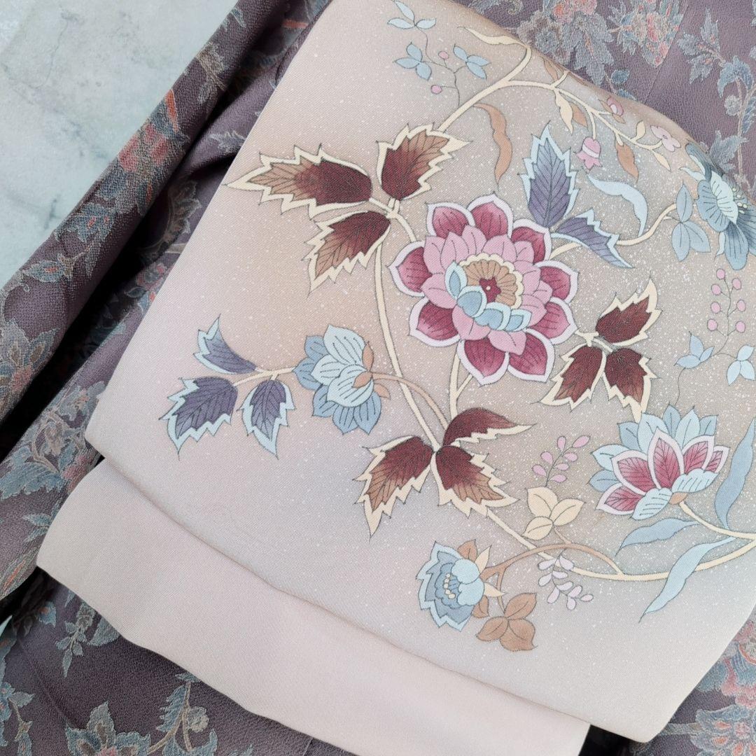 小紋　フルセット　着物　正絹　更紗　暗紫　花　縮緬　おしゃれ　D2